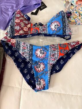 Floral Patchwork Bikini Set - Blue & Navy